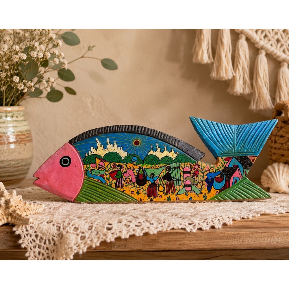 Hand Painted Wooden Fish Folk Art Sculpture Double Sided Village Scene 15.5in